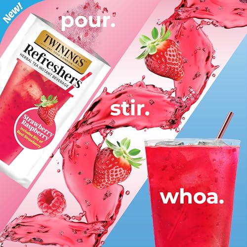 Image of NEW Twinings Strawberry Raspberry Refreshers, Herbal Tea Instant Beverage with Real Strawberry Fruit Bits, 5 Count (Pack of 2), Cafe Style, No Artificial Sweeteners, Naturally Caffeine-Free, 5 Packets
