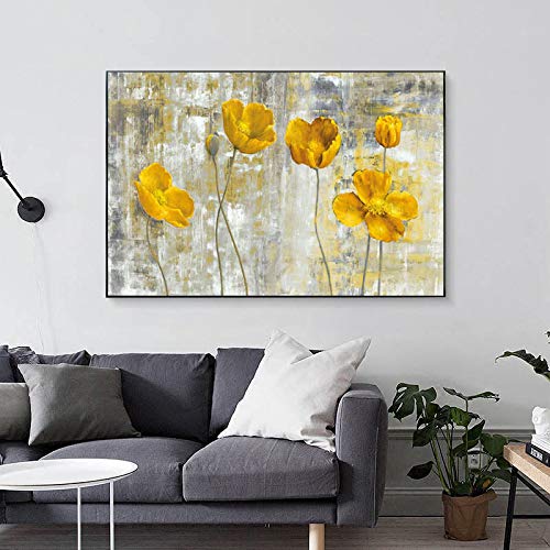 Tableau abstrait fleurs jaunes 70x140 pour un salon moderne et chaleureux