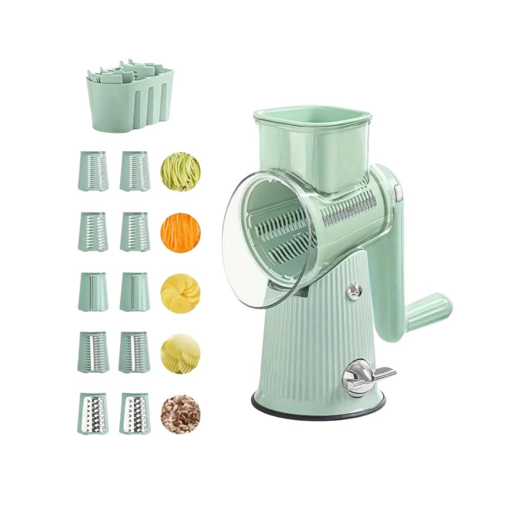 Rallador de Verduras Rotativo Rallador de Queso Manual con 10 Cuchillas Intercambiables con Caja para Guardar Las Cuchillas Cortadora de Verduras Ideal para Queso, Pepino, Zanahoria, Nueces（verde）