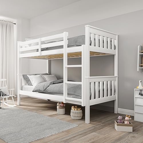 Blisswood Double Bed Bunk Bed, 3ft Wooden Bunk Beds With Ladder Twin Sleeper Kids Bunk Bed, Solid Pine Wood Frame Single Double Bed frame For Kids Children Home, White, L198 cm x W98 cm x H145
