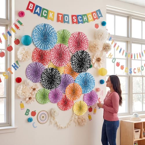 Image of 18 Pack Composition Notebook Paper Fans Classroom Decor, Pastel Textured Hanging Paper Fans Round Bulletin Board Decor for Teacher Bulletin Board Classroom Wall Decoration Party Supplies