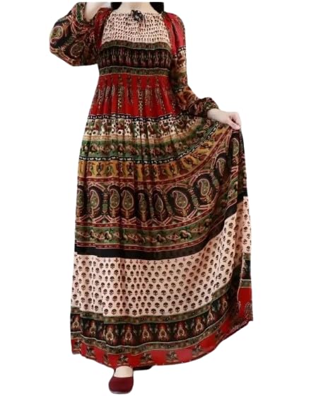 Image of Women's Cotton Dress Jaipuri Sanganeri Print Midi Long Dress Printed Fit and Flare Maxi Dress A-Line Gown Dress Maxi Skirt, Mandala (Free Size)