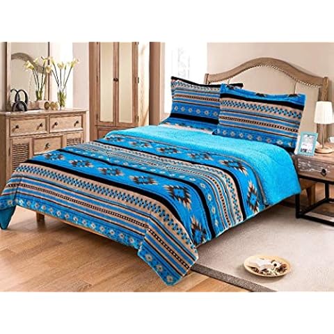 Linen Mart Southwest Plush Sherpa Aztec Navajo Fleece Blanket Set - 3 Piece Set (Queen, Turquoise) Cover