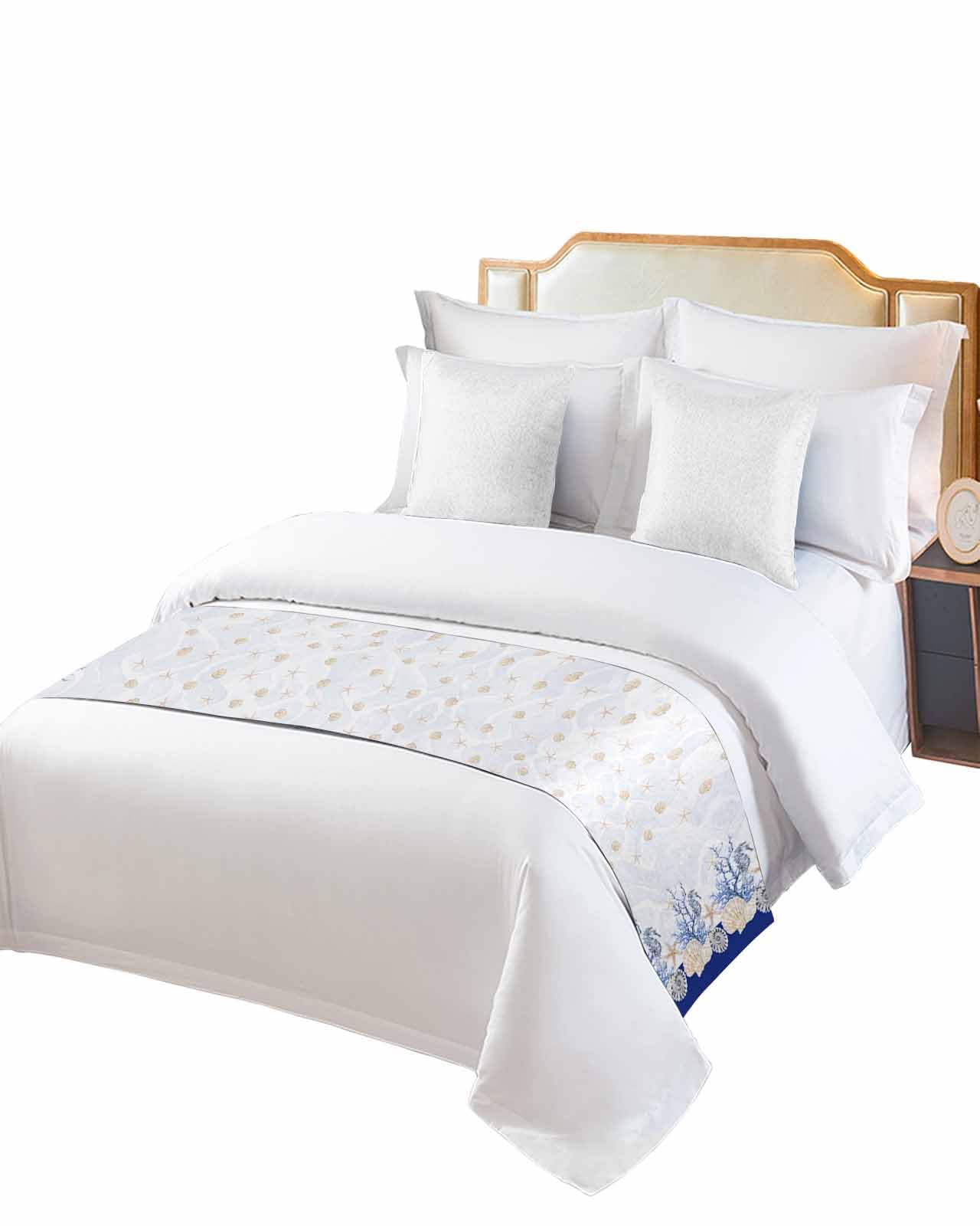 Queen Bed Runner Ocean Shells Starfish Blue Coral Bedding Runner Scarves Decorative Bed Scarf, Navy Blue Soft Bed Runners for Bedroom Hotel Wedding 94x20in