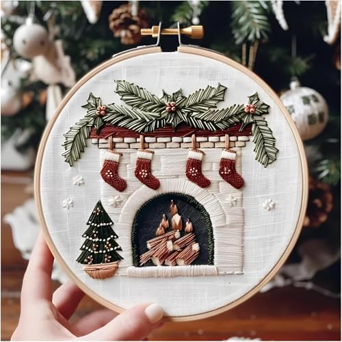 Image of UQRUI Christmas Embroidery Kits for Adults BeginnersEmbroidery Patterns, Ornament Embroidery Kit，Cross Stitch Kits (Chimney)