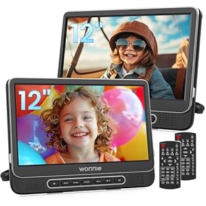 WONNIE 12″ Dual Car DVD Players Portable DVD Players for Car Headrest Play a Same or Two Different Movies with 5-Hour Rechargeable Battery, Mounting Brackets, All Region, Support USB/Sync TV
