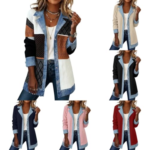Corduroy Jacket Women Patchwork Jacket Women Patchwork Lapel Corduroy Denim Blazer Button Down Long Sleeve Brick Red Large - image 1