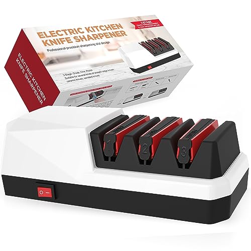 Electric Knife Sharpener-YOORLEAY 3-Stage Electric Knife Sharpeners for Straight Blade Knives, Serrated Knives and Ceramic Knives, 3-Stage, White