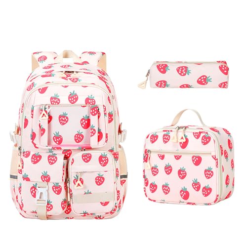 Coquette Backpack - Cute Strawberry Backpacks 3Pcs Kawaii Daypack Aesthetic Rucksack Set (A01 Strawberry)