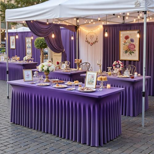 Image of NSSONBEN 2 pk Purple Spandex Tablecloth for 8 Foot Rectangle Tables,Wrinkle Free Fitted Spandex Table Covers 8ft Stretch Table Cloths with Ruffle Skirt for Parties Weddings Banquet Baby Shower