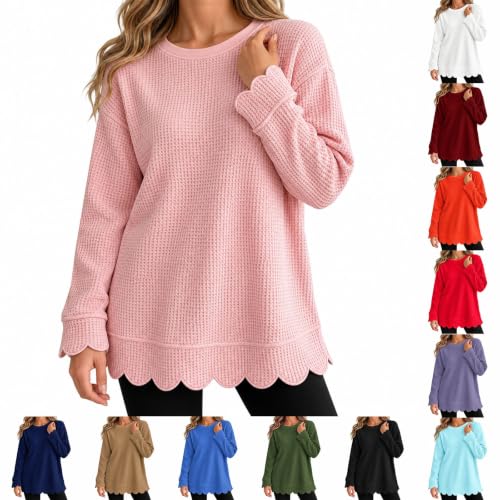 Women Tunic Scalloped Sweatshirt Crewneck Long Sleeve Waffle Knit Tops