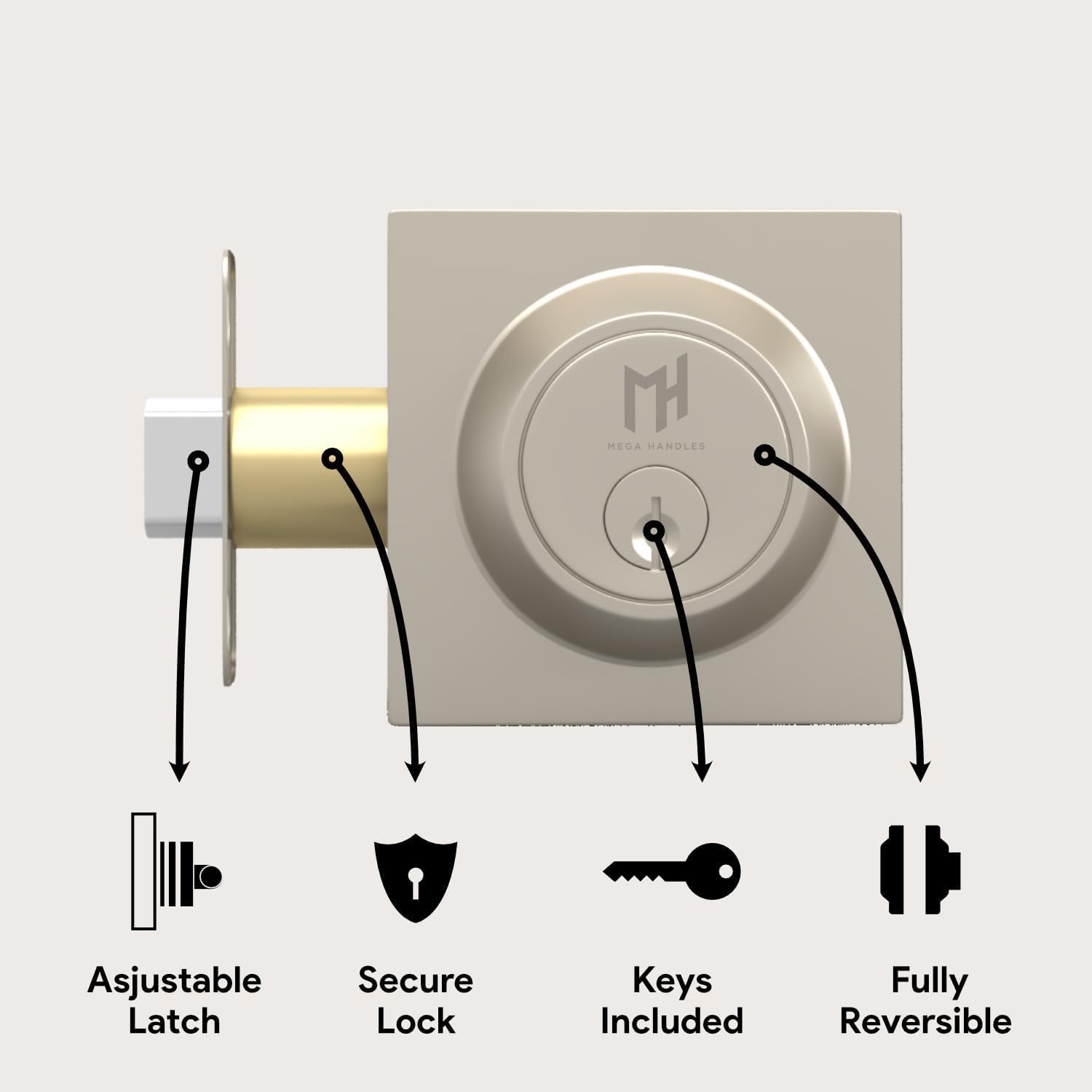 Mega Handles Laura Deadbolt Lock - Heavy Duty Square Locking Deadbolt for Left Or Right-Handed Doors, Brushed Nickel Deadbolt for Interior/Exterior, Screws Included - Satin Nickel