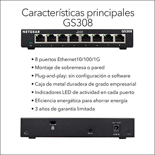 NETGEAR-Switch-8-Puertos-Gigabit-Unmanaged-GS308-Switch-Ethernet-domestico-Switch-de-Oficina-Plug-and-Play-carcassa-metalica-Montaje-sobremesaPared