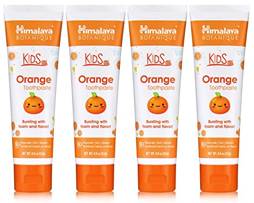 Himalaya Botanique Kids Toothpaste, Orange Flavor To Reduce Plaque And Keep Kids Brushing Longer, Fluoride Free, 4 Oz, 4 Pack #TOP7