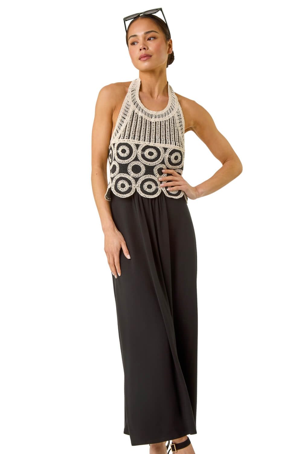 Roman Women's Black Petite Crochet Contrast Maxi Dress In | Size: 16