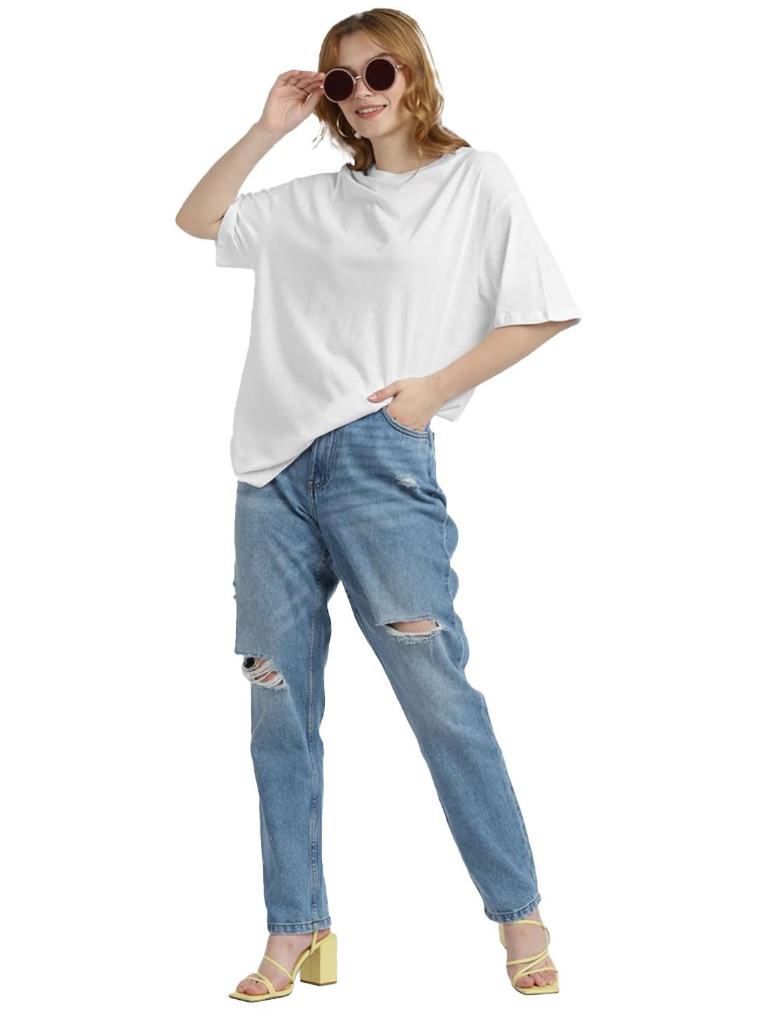 The Zoo Zoo Store Latest Oversized Loose Baggy Fit Drop Shoulder Half Sleeves Pure 100% Cotton Heavy Premium Fabric Solids T-Shirt for Women