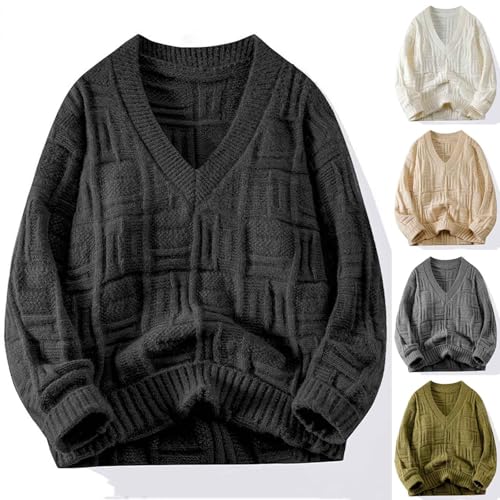 Cambkatl Men's Stylish Texture Sweaters - Basic Solid Color V Neck Casual Knitted Pullovers Loose Long Sleeve Sweater Tops2