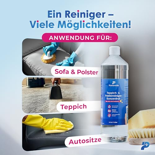Polsterreiniger Percy - Waschsauger (Polsterreiniger) - Primavella Polsterreiniger Konzentrat 1 Liter - Teppich- und Polsterreiniger für Waschsauger & Nasssauger – Reinigung für Auto, Sofa & Couch