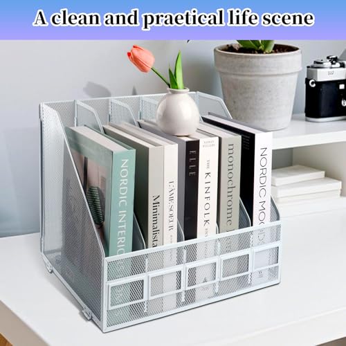 Hmxljjy Mesh Metal A4 Magazine File Holder, Desktop 5 Sections Document Holder Office File Storage Rack For Desk Tidy, Paper Organiser Filing Rack,5 Compartments,(White) - 5