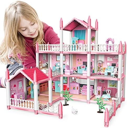deAO Miniature My first Dolls house, Kids Pink Grand Three Story Castle Dolls House Playset With Furniture & Accessories included and with Outdoor Space Open Sided Princess Castle Playset For Girls