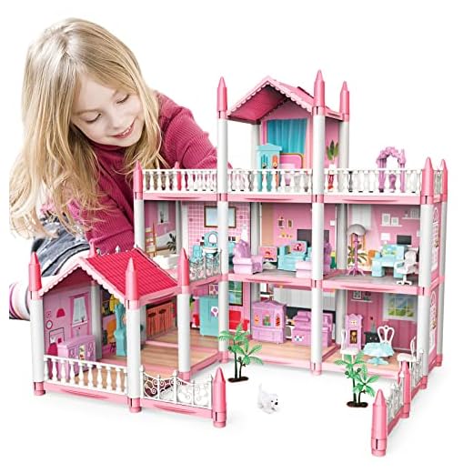 deAO Maison de Poupée - 3 étages, 9 Chambres, Jeu de Construction Rose, Accessoires et Meubles pour Maison de Poupée, Cadeau pour 6 7 8 9 Filles et Jeunes Enfants