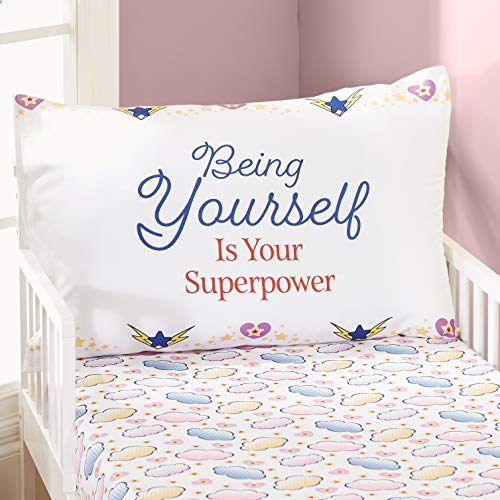 Image of EVERYDAY KIDS Precious Moments 4 Pc Toddler Bedding Set Starring Isabella The Super Hero and Her Dog Comforter, Flat Sheet, Fitted Sheet and Pillowcase in Lavender (Light Purple), White and Red