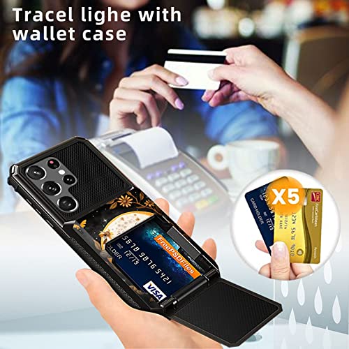 Sddfrhgh For Samsung Galaxy S22 Ultra Case Wallet, 4 Credit Card Holder Slot Flip Cover,Heavy Duty Dual Layer Defender Phone Case For Samsung Galaxy S22 Ultra 5G-Honey Bee Flower Moon Art #TOP2