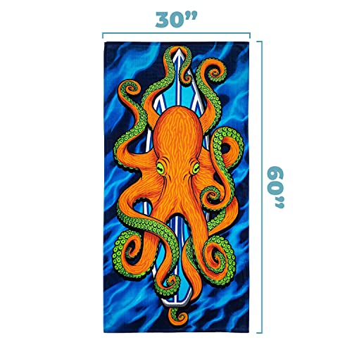Dawhud Direct Surfboard Octopus Beach Towel For Boys, Octopus Bath Towel Print 30" X 60" Pool Towel Super Soft Plush Cotton Octopus Towel #TOP3