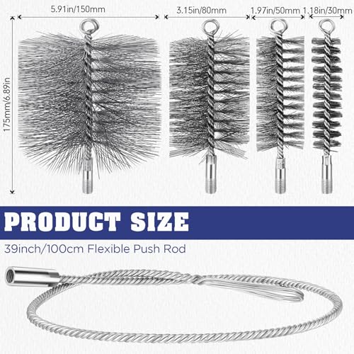 Nuenen 5 Stück Kamin Reinigungsset Bürsten 30mm 50mm 80mm 150mm Flexible Ofenrohrbürste + 1m Biegbare Schubstange Kaminbesen Schornsteinbesen Kaminbürste aus Stahldraht für Ofenrohr Reinigung