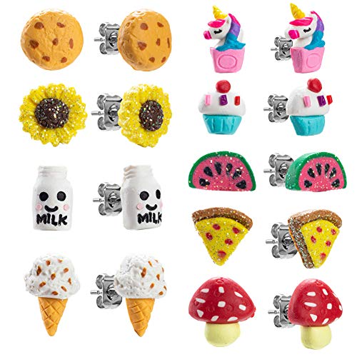 BB-GG 9Pairs Unicorn Stud Earrings for Girls, Multicolor, Assorted Styles Toddler Girls Ice Cream Cake Earrings