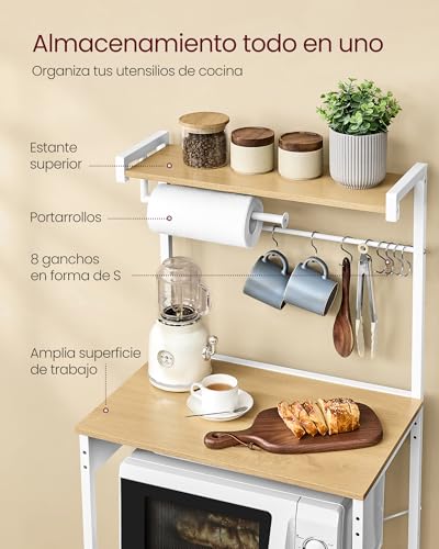 VASAGLE Estantería de Cocina con Enchufe Múltiple, Barra de Café de 4 Niveles con Estante Ajustable, 8 Ganchos S, Soporte de Microondas, 40 x 45 x 140 cm, Roble Dorado y Blanco Nube KKS013YA02 - imagen 5