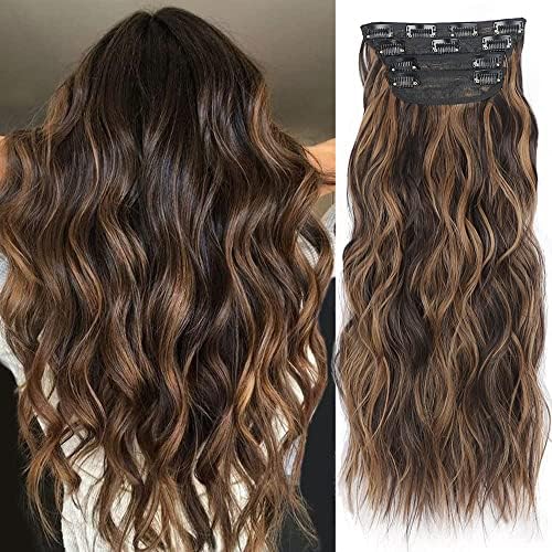 Cisyia 4PCS Clips in Hair Extension for Women Long Wavy Synthetic Hair Thick Hairpiece Balayage Chestnut Brown mix Dark Blonde Hair for Women Girls(20INCH)