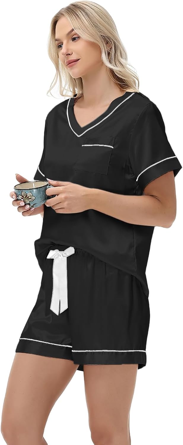 3 Piece Silk Satin Pajamas Set for Women Soft Short Sleeve Pjs Silky V Neck Sleepwear with Top Shorts and Pants,Black,S - Image 2