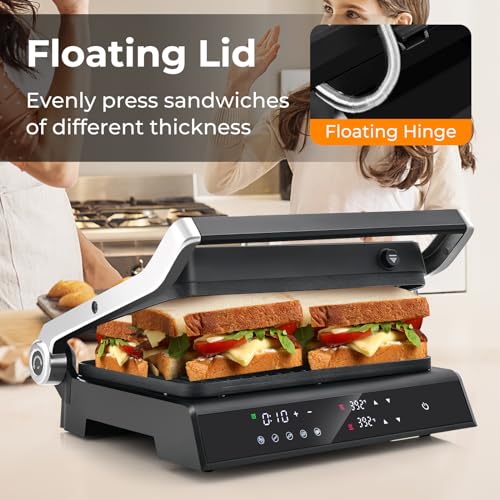 COSTWAY 3 in 1 Electric Health Grill & Panini Press, 5 Auto Modes Sandwich Toaste Maker with Non Stick Coated Plates, LED Touch Panel, Temperature Control, 4H Timer & Drip Tray (Tempered Glass Top) - Image 8