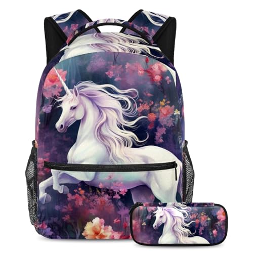 Sac à dos licorne de grande capacité avec trousse pour l'école et les voyages multicolore