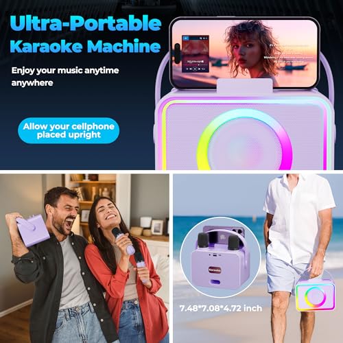 Karaoke Machine,Portable Bluetooth Karaoke Speaker with 2 Wireless Microphones for Adults & Kids Toys with LED Lights, Karaoke Microphone with PA System Supports USB/TF/AUX,Gift for Party(Purple)