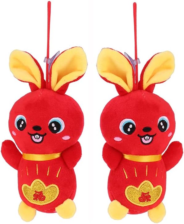 Acewen 2Pcs Rabbit Mascot Plush Pendant Toy 2023 Year of The Rabbit Mascot Plush Pendant Stuffed Animal Toy Pendant Chinese New Year Mascot Rabbit Doll Hanging Car Bag Pendant Decor, 3.9inch