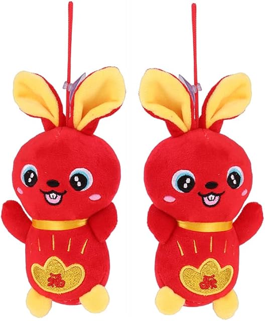 Acewen 2Pcs Rabbit Mascot Plush Pendant Toy 2023 Year of The Rabbit Mascot Plush Pendant Stuffed Animal Toy Pendant Chinese New Year Mascot Rabbit Doll Hanging Car Bag Pendant Decor, 3.9inch