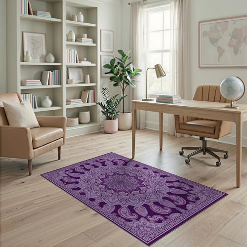ODIKA 4'x6' Washable Oriental Floral Accent Rug, Purple Non-Shedding Small Carpet for Playroom, Bedroom, Reading Nook, Pet Friendly & Non-Slip | Ref:2001484