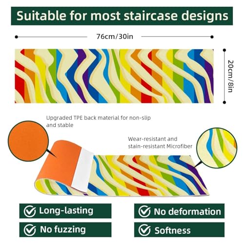Tapis d'escalier antidérapants à rayures arc-en-ciel et bord ondulé