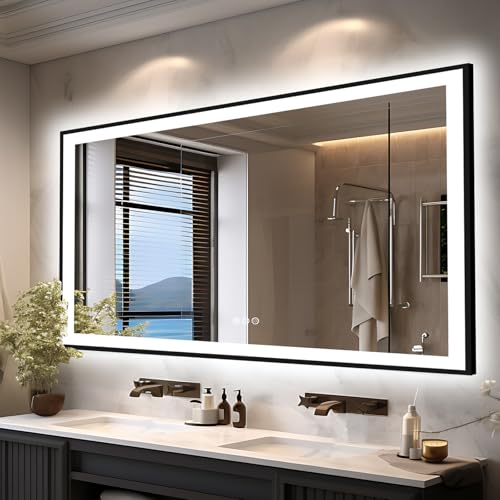 EchosLife 66x36 LED Lit Bathroom Mirror - Black Framed, Front and Backlit LED Mirror, Anti-Fog Bathroom Mirror with Lights, 3 Colors Stepless Dimmable Mirror, Touch Sense (Horizontal/Vertical) by EchosLife - Used condition - US$371.99