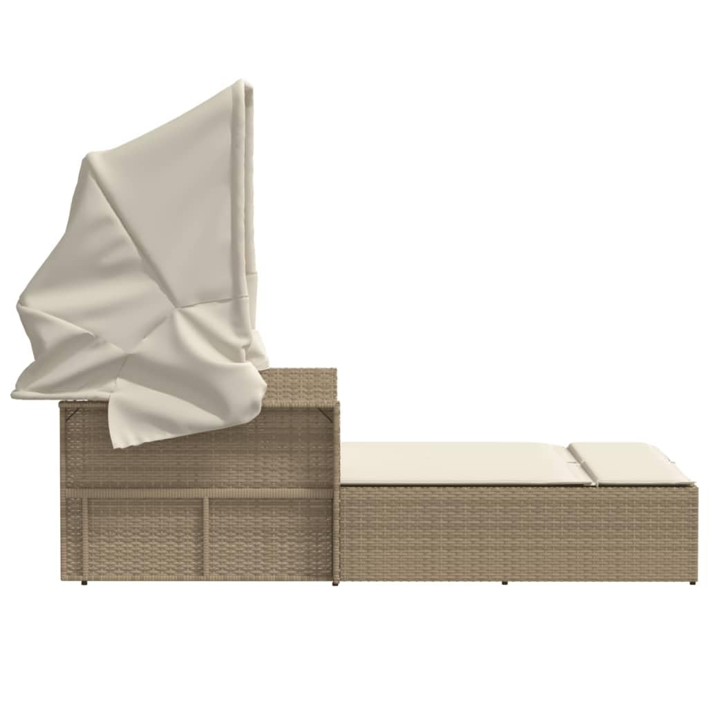 Homgoday Lettini da Giardino,Lettino Doppio con Baldacchino e Cuscini Beige in Polyrattan,Lettini Prendisole, Divano Letto Mobili, Lettino da Piscina, Lettino Prendisole da Giardino