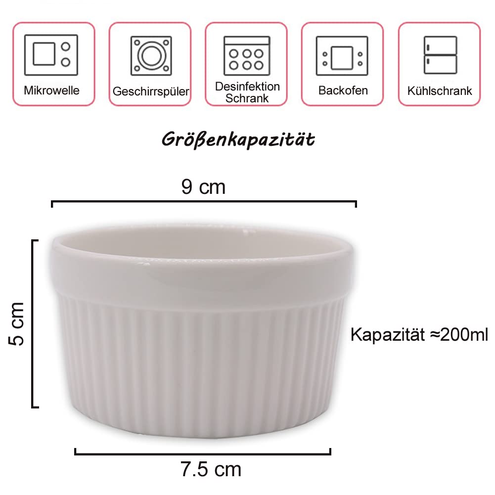 Moldes para Soufflé, Juego de 6 Cuencos de Cerámica Crème Brûlée de 200 ml para Hornear y Presentar, Cuencos de Postre para Magdalenas, Cupcakes, Pudín, Ragout Fin (blanco 9 x 7,5 x 5 cm)