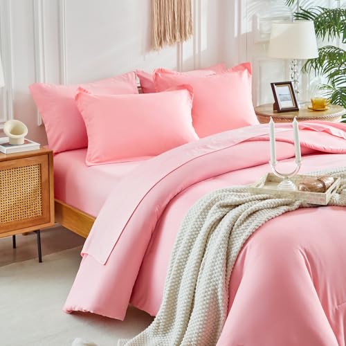 Image of Kids Comforter Sheet Set - Soft and Breathable Bed Set Includes Quilted Comforter, Fitted Sheet, Flat Top Sheet, Pillowcase and Pollowshams For Boys Girls - 6 Pieces Bed in a Bag Twin Szie Pink