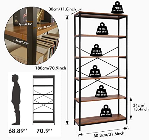 6 Tier Bookshelf, 71" Tall Open Shelf Bookcase, Industrial Style Book Shelves With Steel Frame, Multi-Functional Storage Rack For Bedroom Living Room Office, Rustic Brown #TOP2