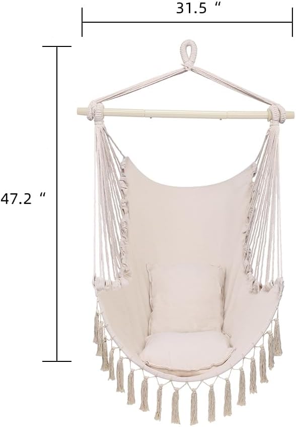 Indoor & Outdoor Patio Hanging Swing Chairs,Tassel Hanging Swing Hammock Chairs,Cotton Woven Swing Chair,Comfortable Porch Swing Chair,with Pillows,for Outside Home Bedroom Yard Garden (Beige)