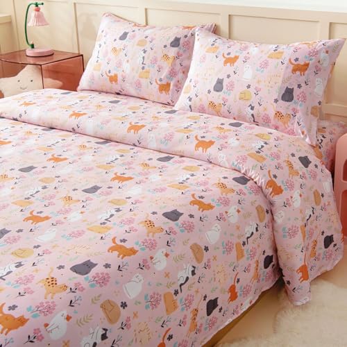 Swiftify Full Size Sheet Set for Kids, 4-Piece Bed Sheet Set for Teens Boys Girls, Cartoon Printed Bedding Set, Microfiber Deep Pocket, Wrinkle & Fade Resistant, Cute Cats
