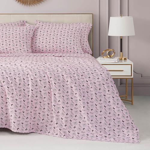 Juicy Couture Printed Microfiber 6-Piece Full Sheet Set, Polka Dot Bow Toss Light Pink