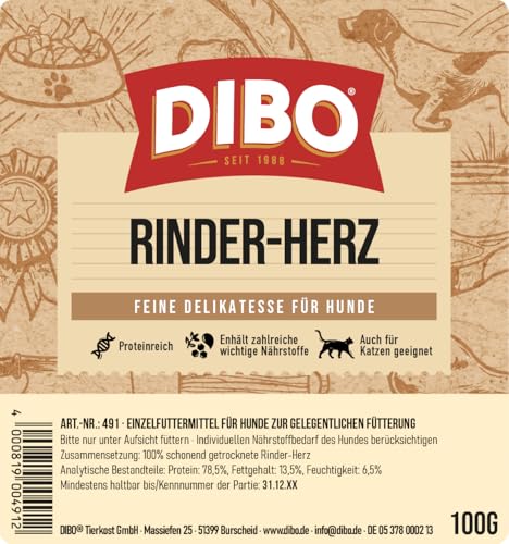 DIBO Rinder-Herz, entfettet, 100g-Beutel, der kleine Naturkau-Snack oder Leckerli für Zwischendurch, Hundefutter, Qualitätskauartikel ohne Chemie