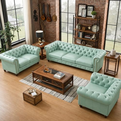 Image of Modern Classic Design Leatherette Luxury Chester Sofa Set with Button Tufted, Sofa for Living Room Home, Office and Lobby (Mint Green, 3+2+1=6 Seater Sofa)